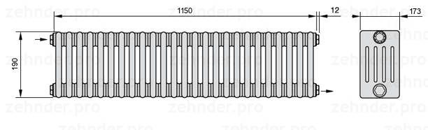 Схема (чертеж) Радиатор Zehnder Charleston 5019/25 №1670 Белый глянцевый RAL 9016